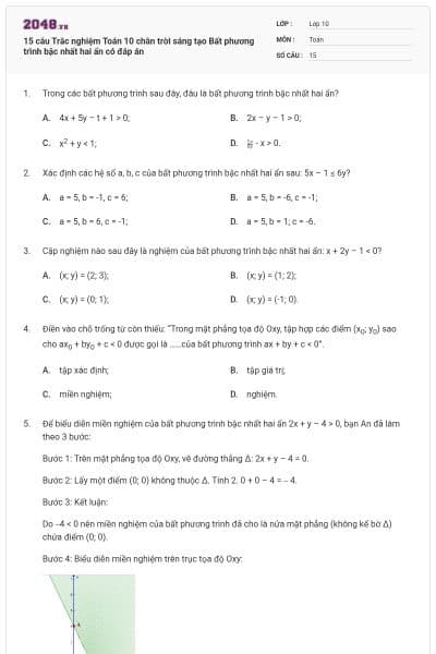 15 câu Trắc nghiệm Toán 10 chân trời sáng tạo Bất phương trình bậc nhất hai ẩn có đáp án