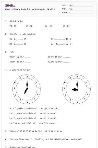 Đề thi cuối học kì 2 môn Toán lớp 1 có đáp án - Đề số 25