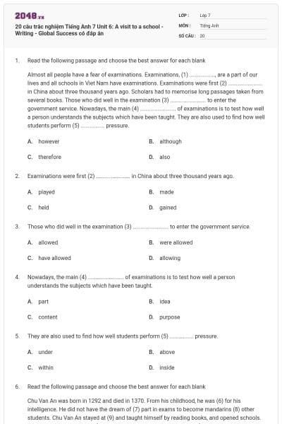 20 câu trắc nghiệm Tiếng Anh 7 Unit 6: A visit to a school - Writing - Global Success có đáp án