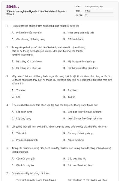 500 câu trắc nghiệm Nguyên lí hệ điều hành có đáp án - Phần 1