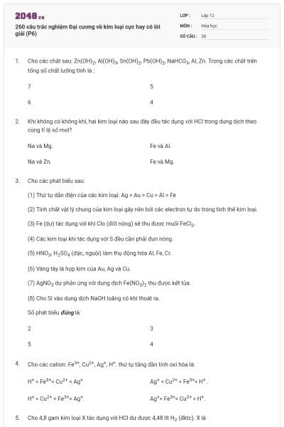 260 câu trắc nghiệm Đại cương về kim loại cực hay có lời giải (P6)