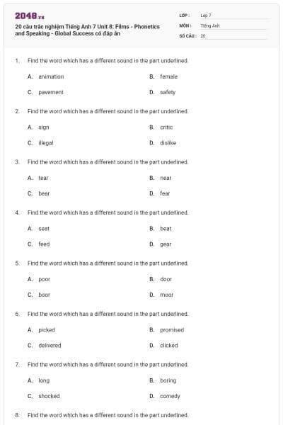 20 câu trắc nghiệm Tiếng Anh 7 Unit 8: Films - Phonetics and Speaking - Global Success có đáp án