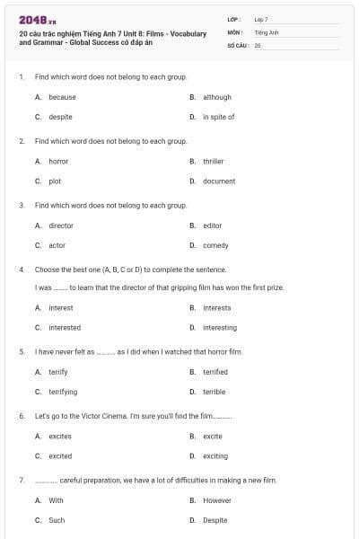 20 câu trắc nghiệm Tiếng Anh 7 Unit 8: Films - Vocabulary and Grammar - Global Success có đáp án