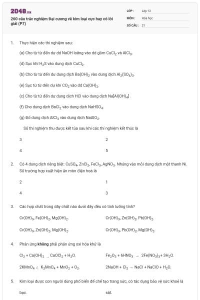 260 câu trắc nghiệm Đại cương về kim loại cực hay có lời giải (P7)