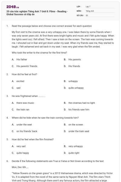 20 câu trắc nghiệm Tiếng Anh 7 Unit 8: Films - Reading - Global Success có đáp án