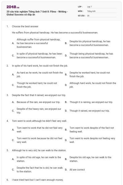 20 câu trắc nghiệm Tiếng Anh 7 Unit 8: Films - Writing - Global Success có đáp án