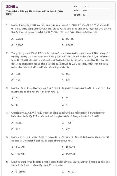 Trắc nghiệm Các quy tắc tính xác suất có đáp án (Vận dụng)
