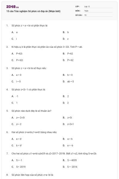 15 câu Trắc nghiệm Số phức có đáp án (Nhận biết)