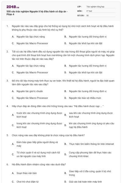 500 câu trắc nghiệm Nguyên lí hệ điều hành có đáp án - Phần 4