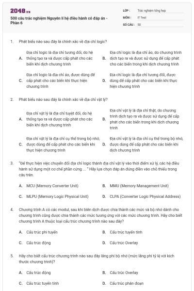 500 câu trắc nghiệm Nguyên lí hệ điều hành có đáp án - Phần 6