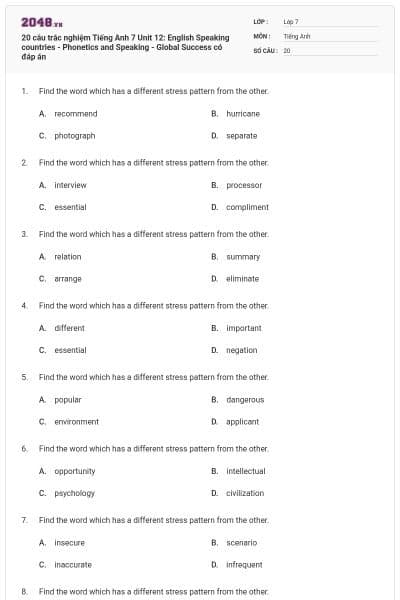 20 câu trắc nghiệm Tiếng Anh 7 Unit 12: English Speaking countries - Phonetics and Speaking - Global Success có đáp án