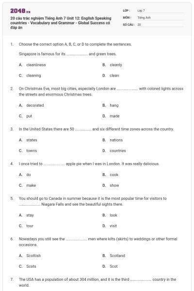 20 câu trắc nghiệm Tiếng Anh 7 Unit 12: English Speaking countries - Vocabulary and Grammar - Global Success có đáp án