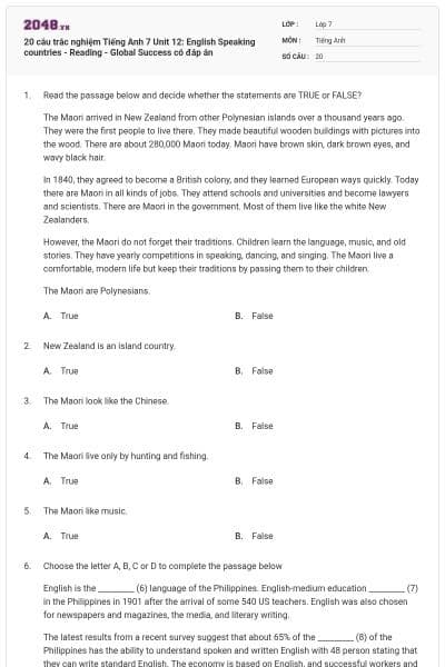 20 câu trắc nghiệm Tiếng Anh 7 Unit 12: English Speaking countries - Reading - Global Success có đáp án