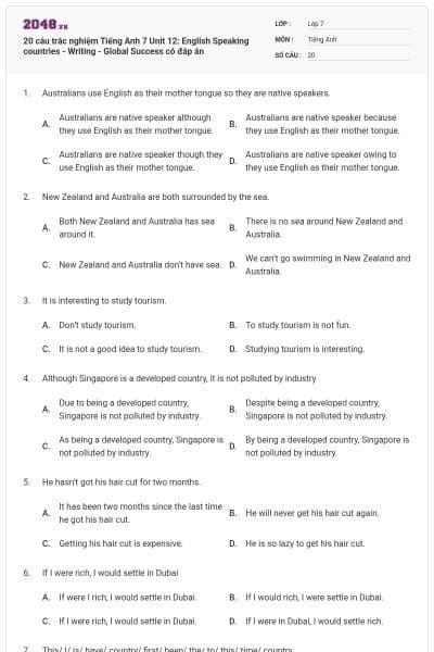 20 câu trắc nghiệm Tiếng Anh 7 Unit 12: English Speaking countries - Writing - Global Success có đáp án