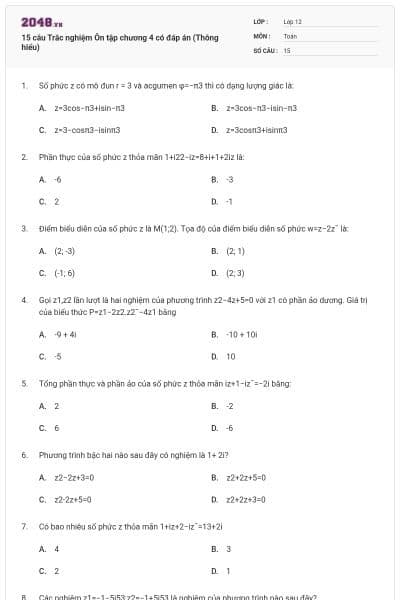 15 câu Trắc nghiệm Ôn tập chương 4 có đáp án (Thông hiểu)