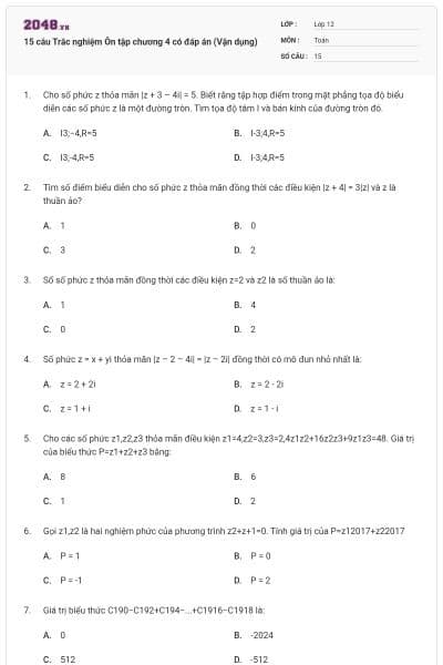 15 câu Trắc nghiệm Ôn tập chương 4 có đáp án (Vận dụng)