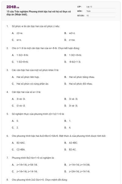 15 câu Trắc nghiệm Phương trình bậc hai với hệ số thực có đáp án (Nhận biết).