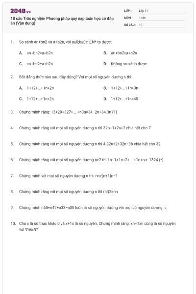 10 câu Trắc nghiệm Phương pháp quy nạp toán học có đáp án (Vận dụng)