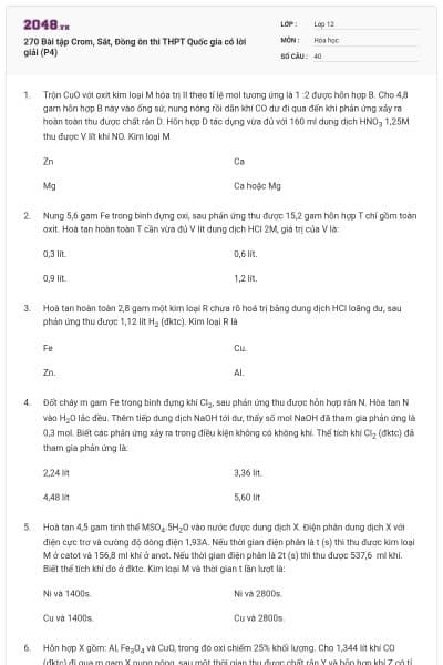 270 Bài tập Crom, Sắt, Đồng ôn thi THPT Quốc gia có lời giải (P4)