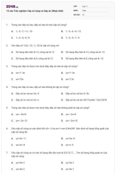 15 câu Trắc nghiệm Cấp số cộng có đáp án (Nhận biết)