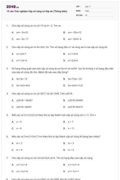 15 câu Trắc nghiệm Cấp số cộng có đáp án (Thông hiểu)