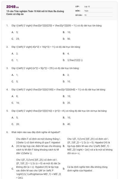 15 câu Trắc nghiệm Toán 10 Kết nối tri thức Ba đường Conic có đáp án