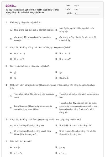 10 câu Trắc nghiệm Vật lí 10 Kết nối tri thức Bài 34: Khối lượng riêng. Áp suất chất lỏng có đáp án
