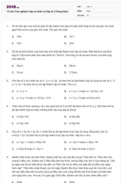 15 câu Trắc nghiệm Cấp số nhân có đáp án (Thông hiểu)