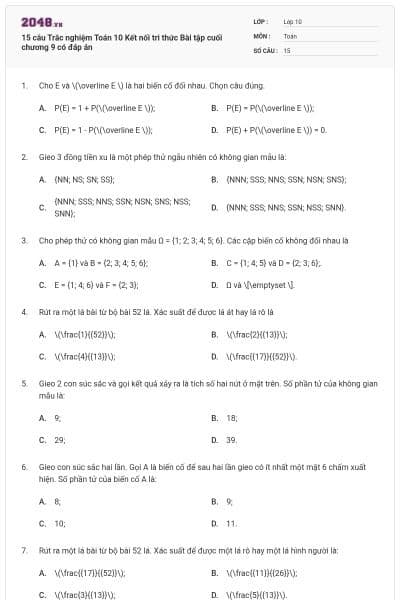 15 câu Trắc nghiệm Toán 10 Kết nối tri thức Bài tập cuối chương 9 có đáp án