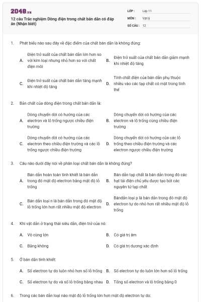 12 câu Trắc nghiệm Dòng điện trong chất bán dẫn có đáp án (Nhận biết)