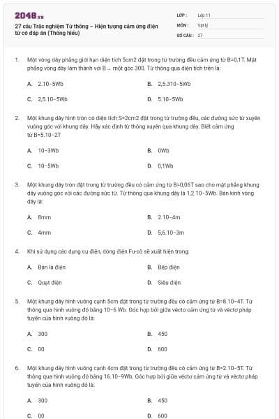 27 câu Trắc nghiệm Từ thông – Hiện tượng cảm ứng điện từ có đáp án (Thông hiểu)