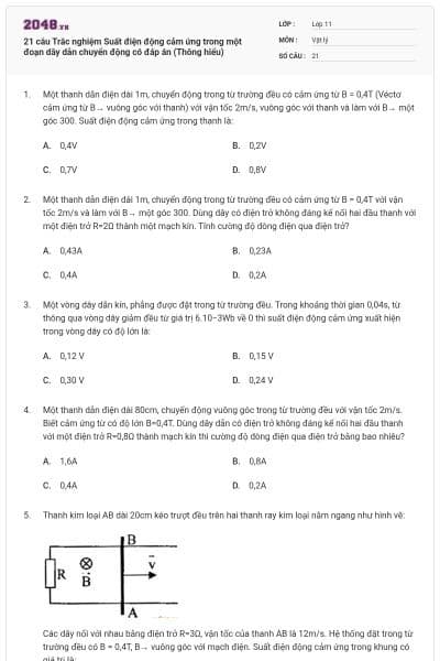 21 câu Trắc nghiệm Suất điện động cảm ứng trong một đoạn dây dẫn chuyển động có đáp án (Thông hiểu)