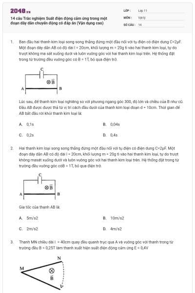 14 câu Trắc nghiệm Suất điện động cảm ứng trong một đoạn dây dẫn chuyển động có đáp án (Vận dụng cao)