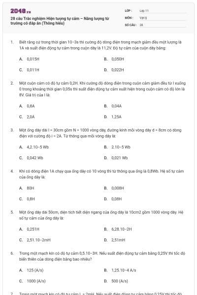 28 câu Trắc nghiệm Hiện tượng tự cảm – Năng lượng từ trường có đáp án (Thông hiểu)