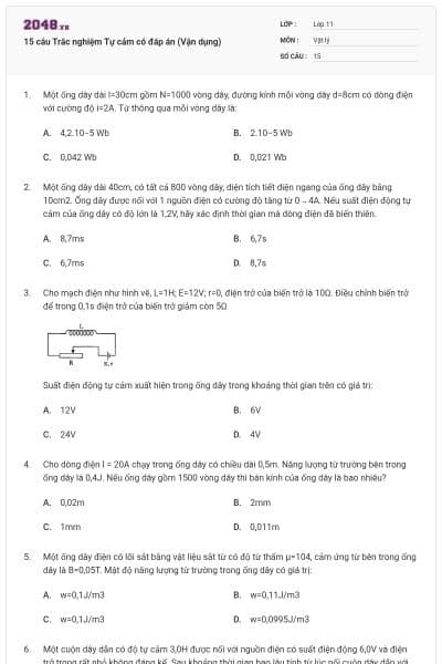 15 câu Trắc nghiệm Tự cảm có đáp án (Vận dụng)