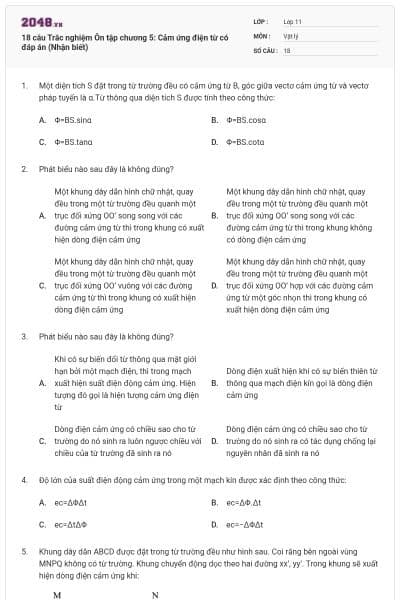 18 câu Trắc nghiệm Ôn tập chương 5: Cảm ứng điện từ có đáp án (Nhận biết)