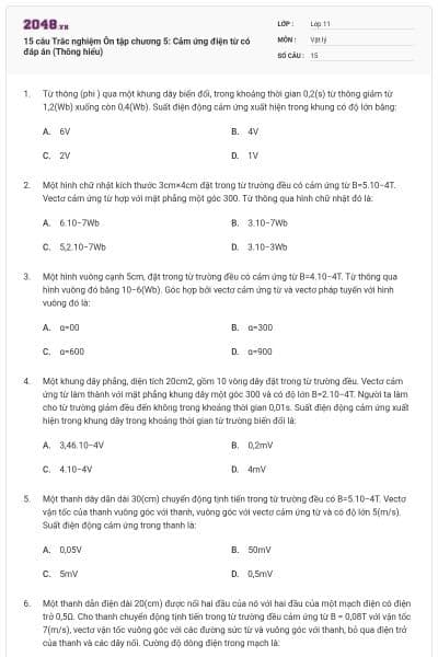 15 câu Trắc nghiệm Ôn tập chương 5: Cảm ứng điện từ có đáp án (Thông hiểu)
