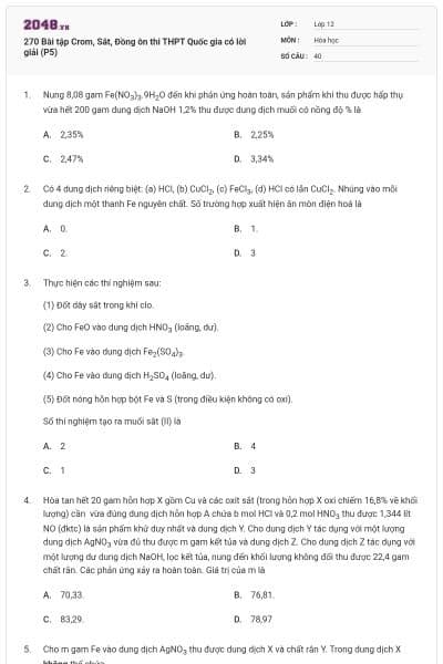 270 Bài tập Crom, Sắt, Đồng ôn thi THPT Quốc gia có lời giải (P5)