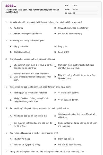 Trắc nghiệm Tin 9 Bài 5. Bảo vệ thông tin máy tính có đáp án (Mới nhất)