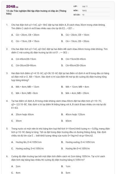 13 câu Trắc nghiệm Bài tập điện trường có đáp án (Thông hiểu)