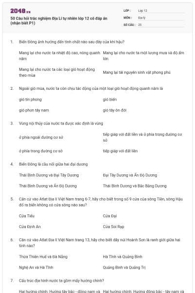 50 Câu hỏi trắc nghiệm Địa Lí tự nhiên lớp 12 có đáp án (nhận biết P1)