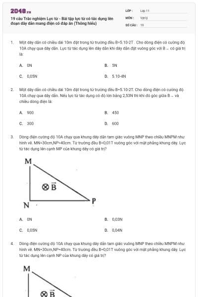 19 câu Trắc nghiệm Lực từ - Bài tập lực từ có tác dụng lên đoạn dây dẫn mang điện có đáp án (Thông hiểu)