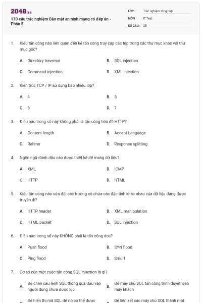 170 câu trắc nghiệm Bảo mật an ninh mạng có đáp án - Phần 5