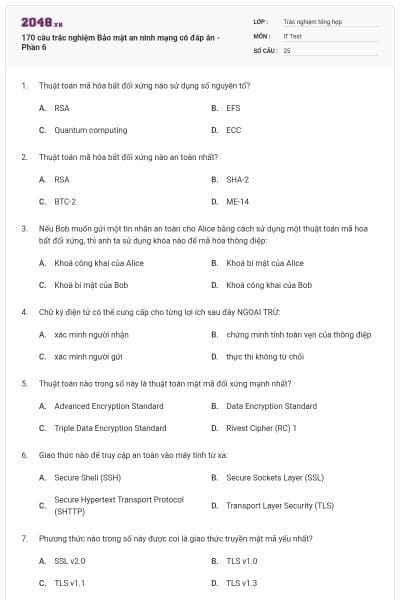 170 câu trắc nghiệm Bảo mật an ninh mạng có đáp án - Phần 6