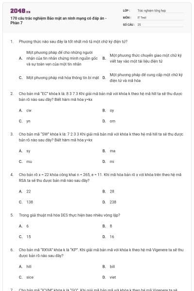 170 câu trắc nghiệm Bảo mật an ninh mạng có đáp án - Phần 7