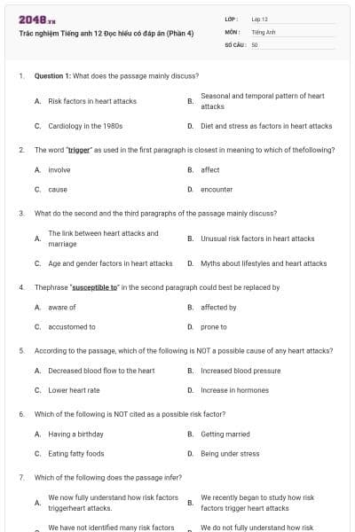 Trắc nghiệm Tiếng anh 12 Đọc hiểu có đáp án (Phần 4)