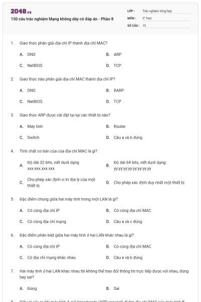 150 câu trắc nghiệm Mạng không dây có đáp án - Phần 8