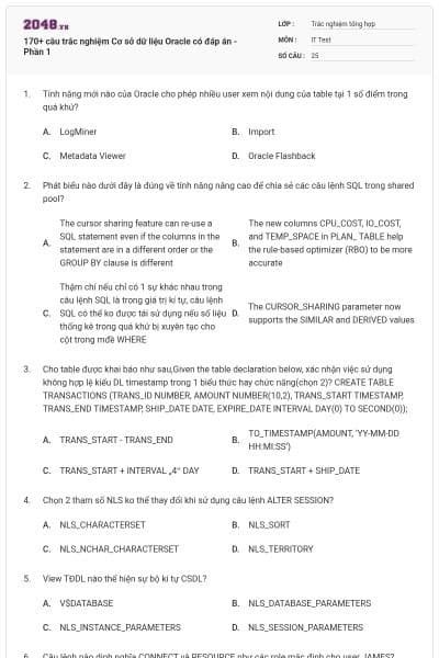 170+ câu trắc nghiệm Cơ sở dữ liệu Oracle có đáp án - Phần 1