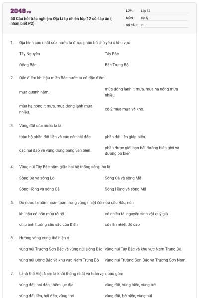 50 Câu hỏi trắc nghiệm Địa Lí tự nhiên lớp 12 có đáp án ( nhận biết P2)
