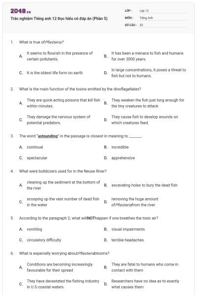 Trắc nghiệm Tiếng anh 12 Đọc hiểu có đáp án (Phần 5)